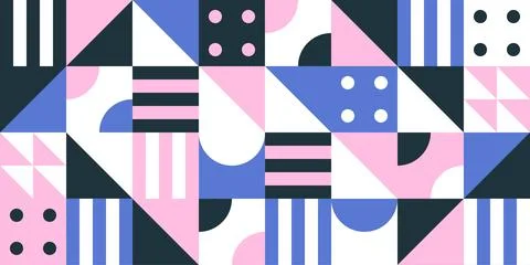 Geometric Pattern in Pink and Blue with Stripes Triangles and Dots Stock Illustration