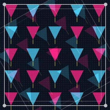 Geometric pattern of pink and blue inverted cones on dark grid background Stock Illustration