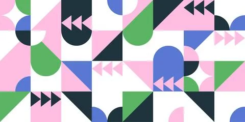 Geometric Pattern in Pink and Green with Arrows Triangles and Curves Stock Illustration