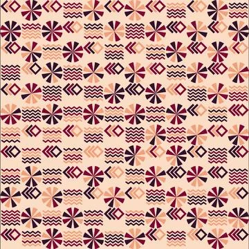A geometric pattern in pink, brown and red tones with small diamonds on it Illustrazione stock