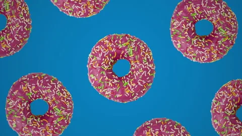 Geometric pattern with pink candy donuts on a blue background Stock Footage 154559317
