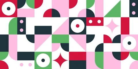 Geometric Pattern in Pink Green Red with Rings and Quarter Circles Stock Illustration