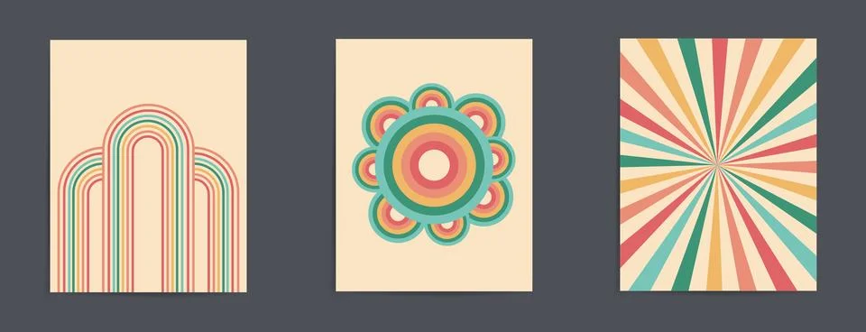 Geometric pattern posters from 70s, retro style, vintage rainbow color lines Stock Illustration