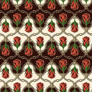 Geometric pattern with red roses, golden chain Stock Illustration