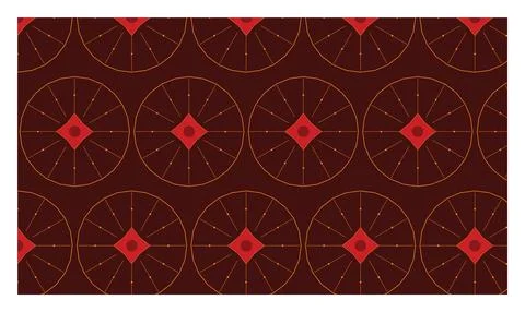 Geometric pattern with red wheels and orange outlines on dark red background. 스톡 일러스트