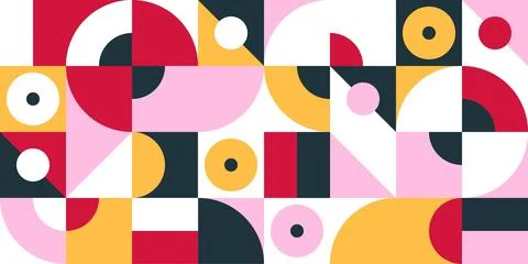 Geometric Pattern in Red Yellow Pink with Rings Arches and Curves Stock Illustration