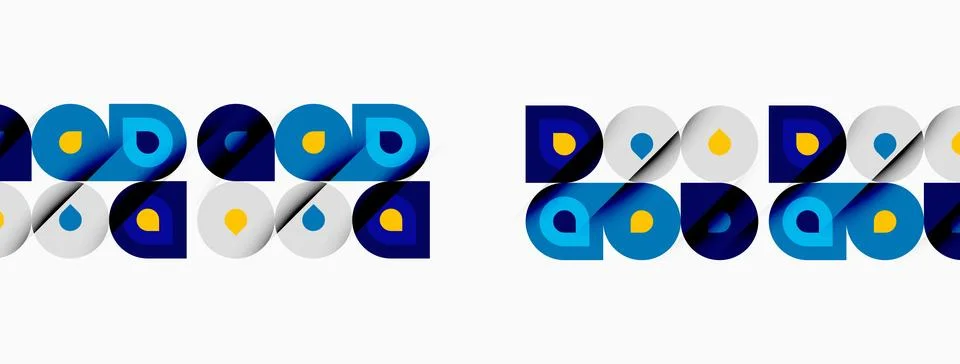 Geometric pattern repeats. Blue, yellow circles overlap squares. Minimalist Stock Illustration