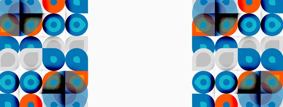 Geometric pattern repeats. Circles, squares, rectangles create midcentury m.. Stock Illustration