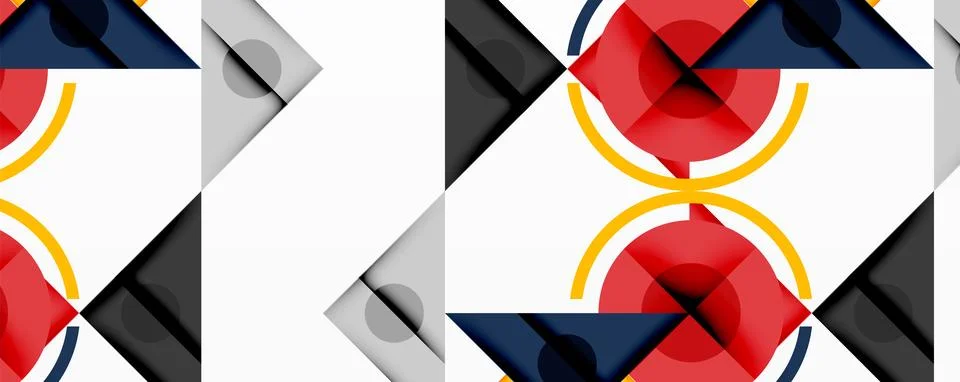 Geometric pattern repeats. Red, yellow, gray, black shapes overlap. Minimalist Stock Illustration