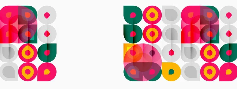 Geometric pattern repeats twice. Circles, squares, rectangles overlap creatin イラスト素材