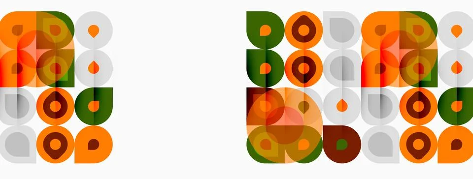 Geometric pattern repeats twice. Circles, squares, teardrops create midcentur イラスト素材