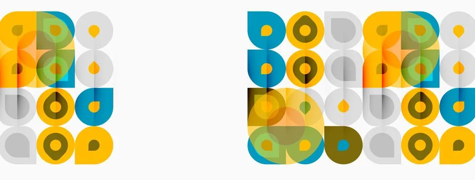 Geometric pattern repeats twice. Circles, squares, muted colors create イラスト素材