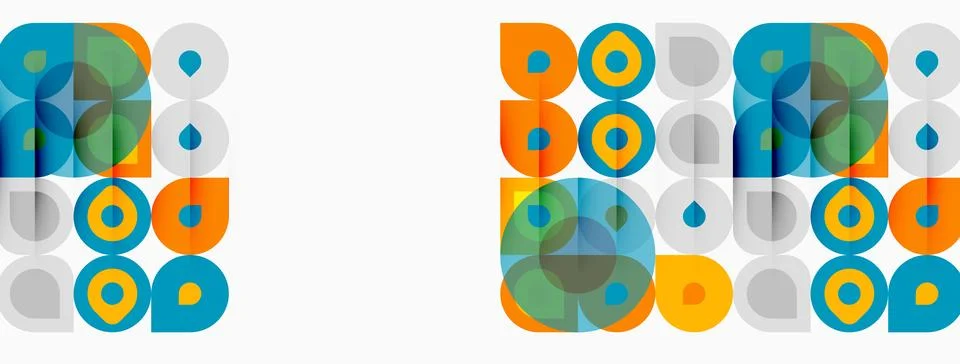Geometric pattern repeats twice. Circles, squares, muted colors create Stock Illustration