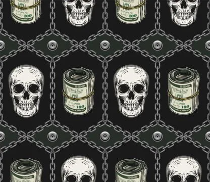Geometric pattern with skulls, steel chains, momey Stock Illustration
