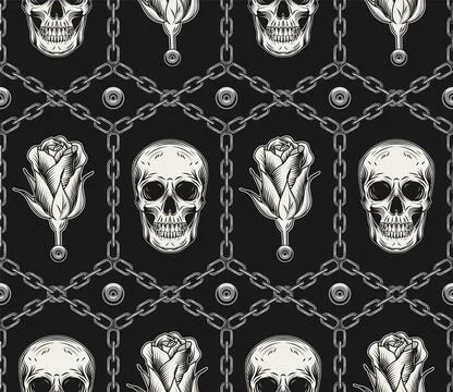 Geometric pattern with skulls, steel chains, roses Stock Illustration