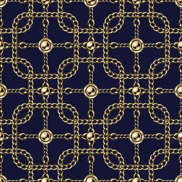 Geometric pattern with squares, gold chains, beads Illustrazione stock