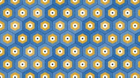 Geometric pattern with yellow and white sunburst shapes on blue background .. Stock Illustration