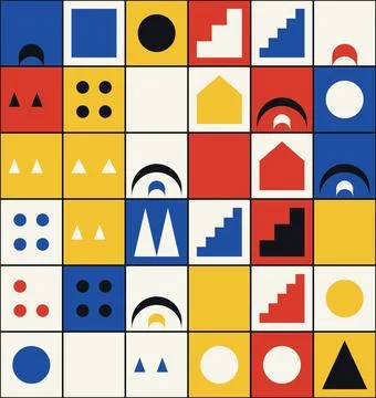 Geometric patterns and shapes in primary colors create a retro abstract bac.. 库存插图