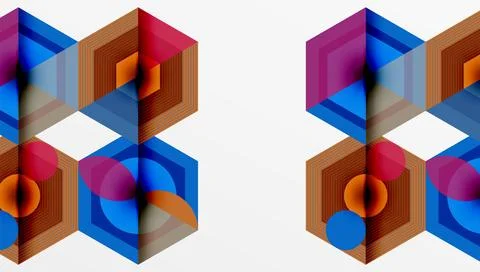 Geometric patterns dominate image. Hexagons, rectangles intersect creating Stock Illustration