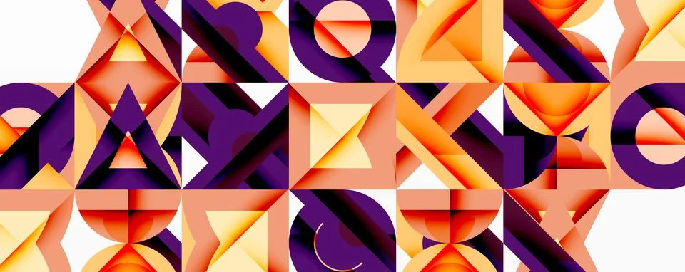 Geometric patterns dominate image. Orange, purple hues create abstract mosaic. イラスト素材