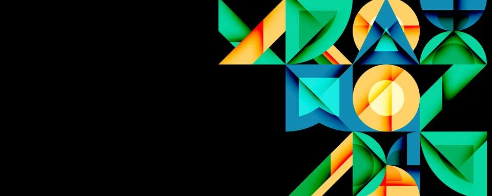 Geometric patterns dominate image. Vibrant colorsgreen, blue, orangecreate イラスト素材