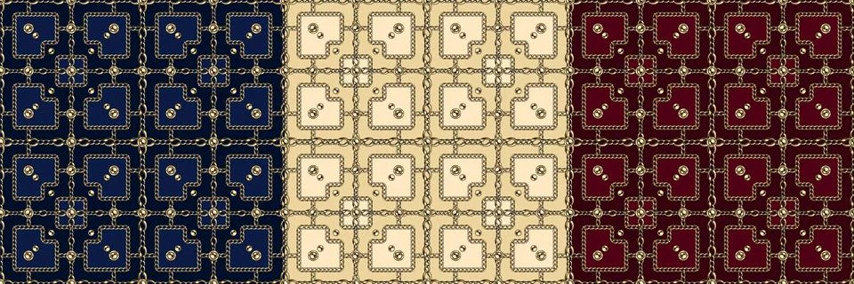 Geometric patterns with golden chains, beads Stock Illustration