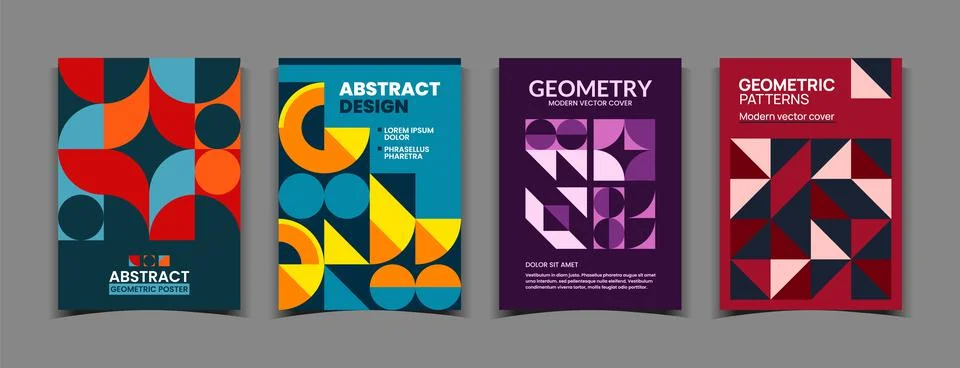 Geometric patterns. Graphic shape posters with minimal background and Bauhaus Stock Illustration