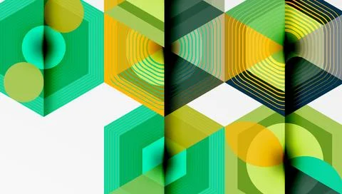 Geometric patterns, hexagons, lines create abstract composition. Green, yellow, Stock Illustration
