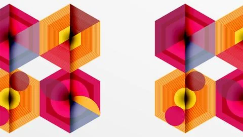 Geometric patterns, hexagons, vibrant colors create abstract composition. Orange 스톡 일러스트