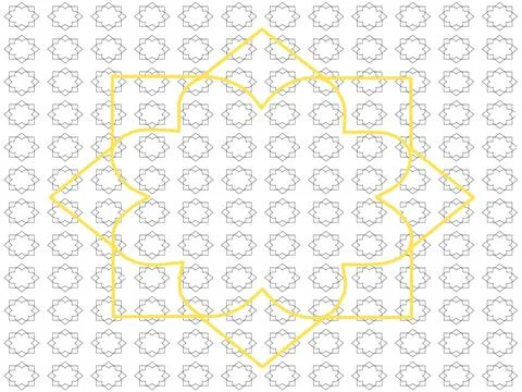 Geometric patterns in Islamic art with a single yellow pattern in the middle Stock Illustration