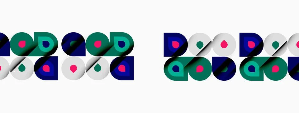 Geometric patterns repeat across white background. Circles, squares, shapes Illustrazione stock