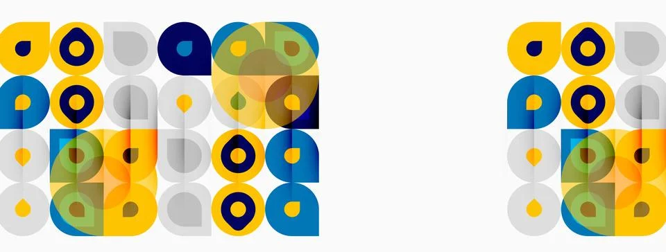 Geometric patterns repeat. Circles, squares, rectangles combine creating Stock Illustration