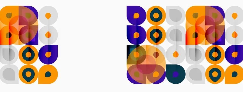 Geometric patterns repeat. Circles, squares, rectangles overlap creating vi.. Stock Illustration