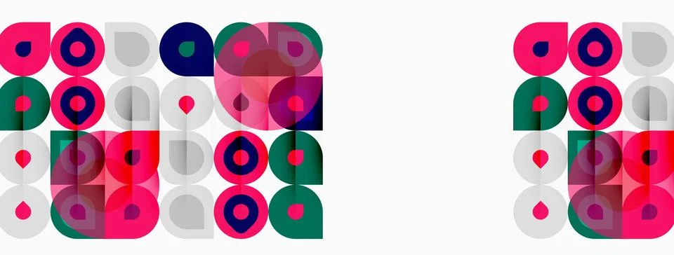 Geometric patterns repeat, featuring circles, squares. Colors include pink, 库存插图