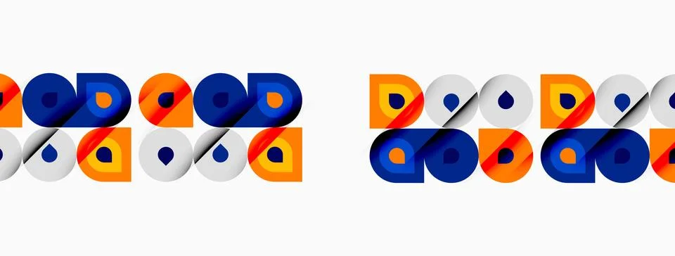 Geometric patterns repeat. Orange, blue circles, squares form abstract design イラスト素材