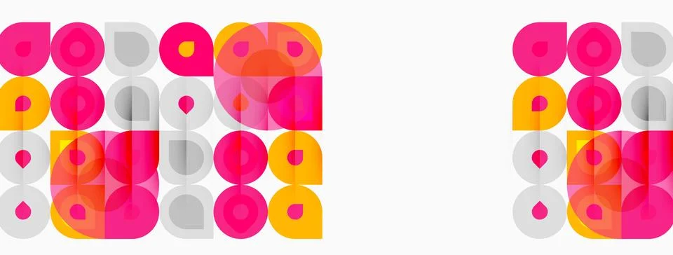 Geometric patterns repeat. Pink, yellow, gray squares, circles create playful Illustrazione stock