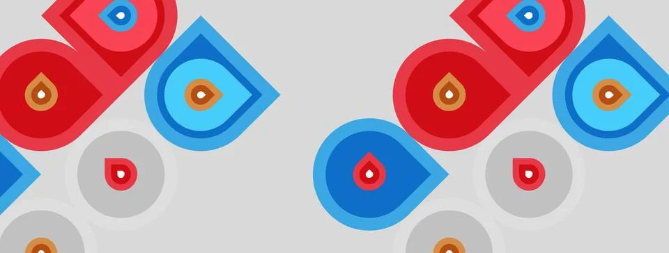Geometric patterns repeat. Red, blue, orange shapes overlap on gray backgroun Stock Illustration