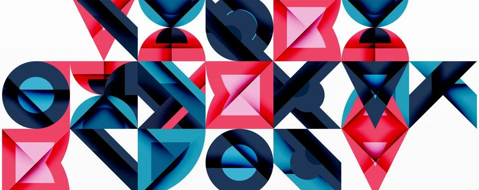 Geometric patterns repeat. Shapes include triangles, circles, squares. Colors Stock Illustration