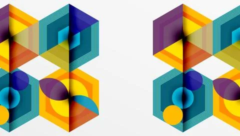 Geometric patterns, vibrant colors, hexagon shapes create abstract design. Stockillustratie
