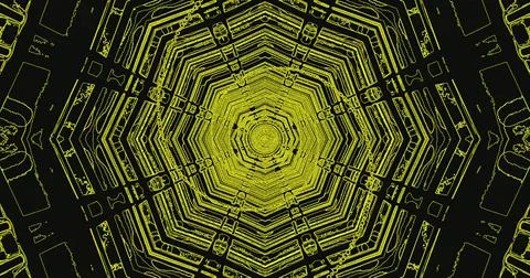 Geometric patterns in vibrant yellow on a black background Stock Illustration