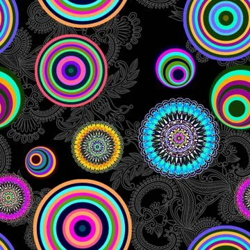 Geometric pattern.Traditional print on black background,multicolor flowers. Stock Illustration