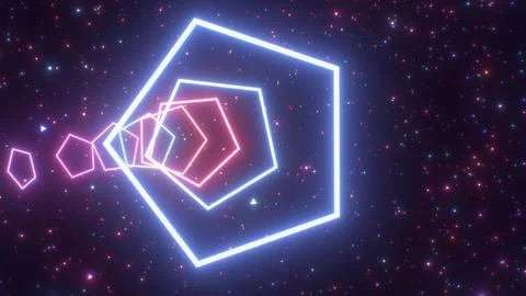 Geometric Pentagon Shape Neon Light Tunnel Roller Coaster Fly Through Illustrazione stock