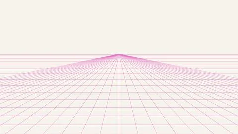 Geometric perspective grid with vanishing point and pink dots on white back.. Stock Illustration