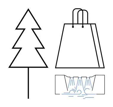 Geometric pine tree, simple shopping bag with handles, and stylized waterfall Illustrazione stock