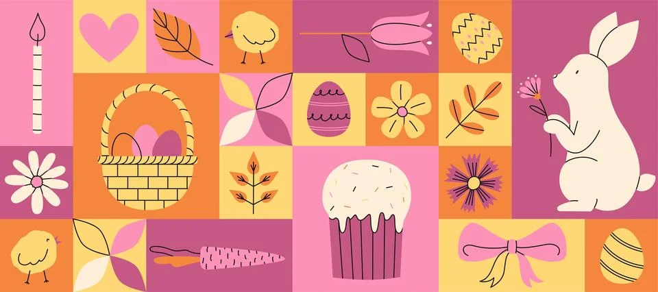 Geometric pink composition for Happy Easter. Horizontal web banner. Trendy .. Stock Illustration