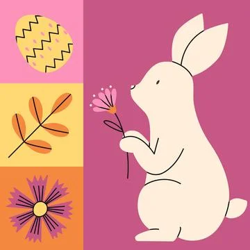 Geometric pink objects set for Happy Easter. Cute rabbit with flower. Trendy  Stock Illustration