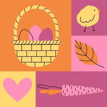 Geometric pink objects set for Happy Easter. Basket of eggs, chick and carr.. Stock Illustration
