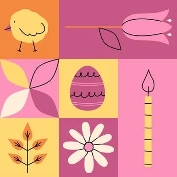 Geometric pink objects set for Happy Easter. Trendy minimalistic holiday ve.. Stock Illustration