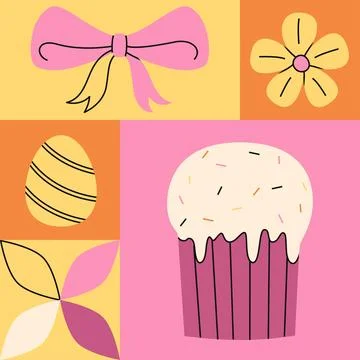 Geometric pink objects set for Happy Easter. Easter cake, egg and flower. T.. Stock Illustration