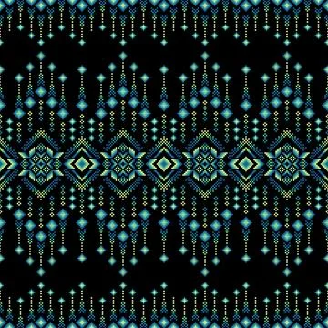 Geometric pixel art pattern in blue and green tones on a black background Stock Illustration